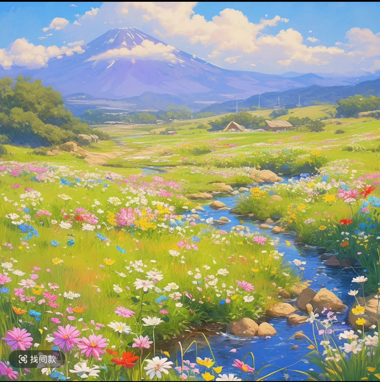 2025抖音春季特惠 蓝天白云群山围绕草原小花溪流 照片