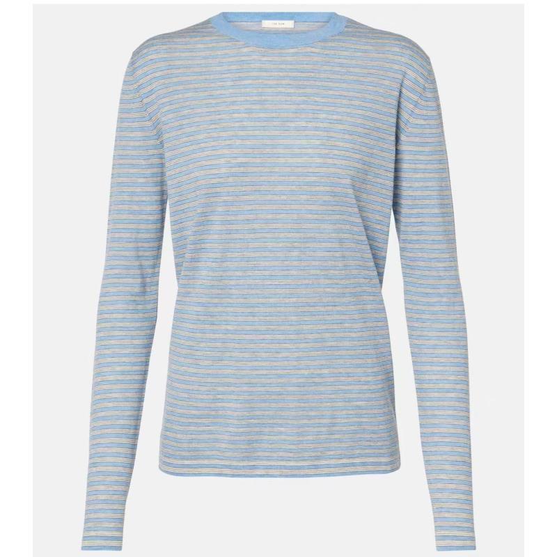 The 肉 羊绒棉超细针织条纹圆领透气柔软早秋长袖打底衫