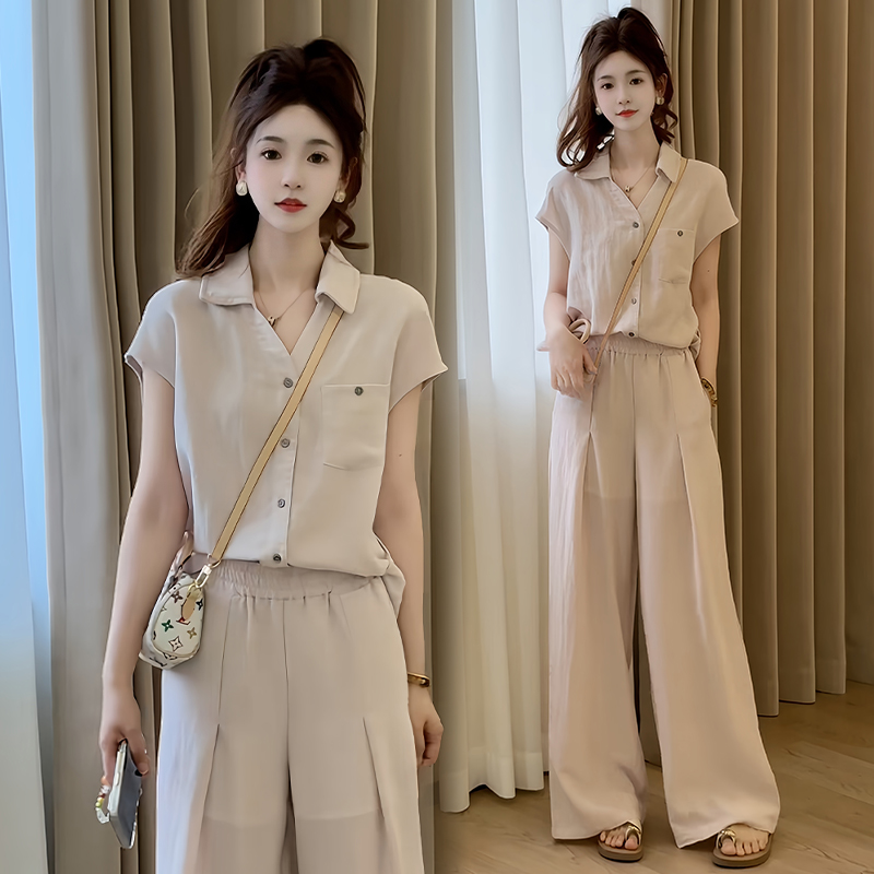 时尚法式高级感套装女2025夏季新款洋气显瘦系带衬衫阔腿裤两件套