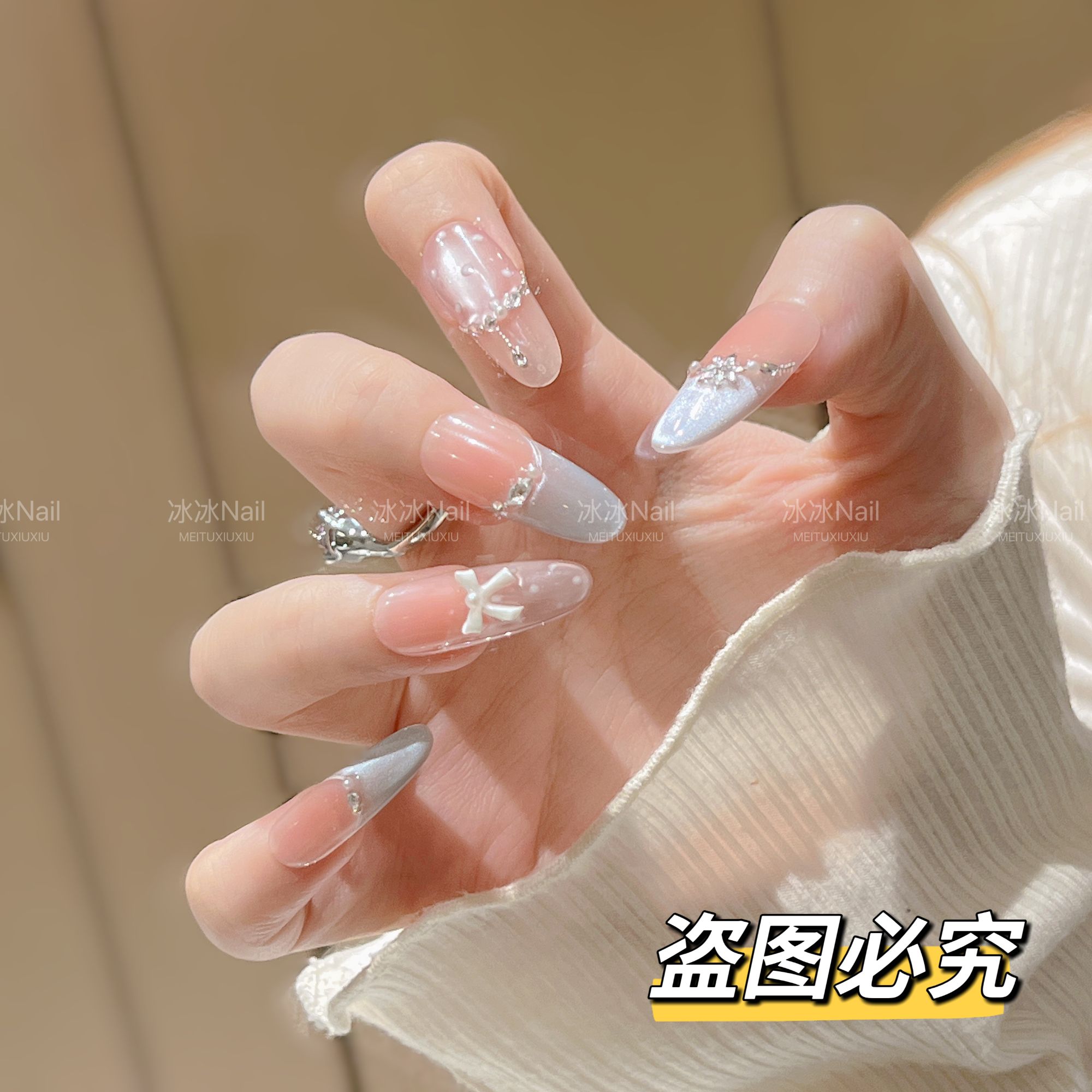 【月落星沉】纯手工穿戴甲腮红猫眼蝴蝶结冰透美甲10片