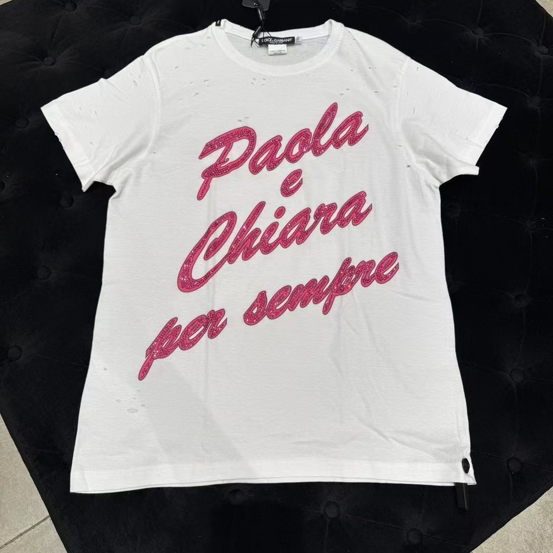 【CC在欧洲】D....G折扣款1号  满钻粉色男士破洞短袖