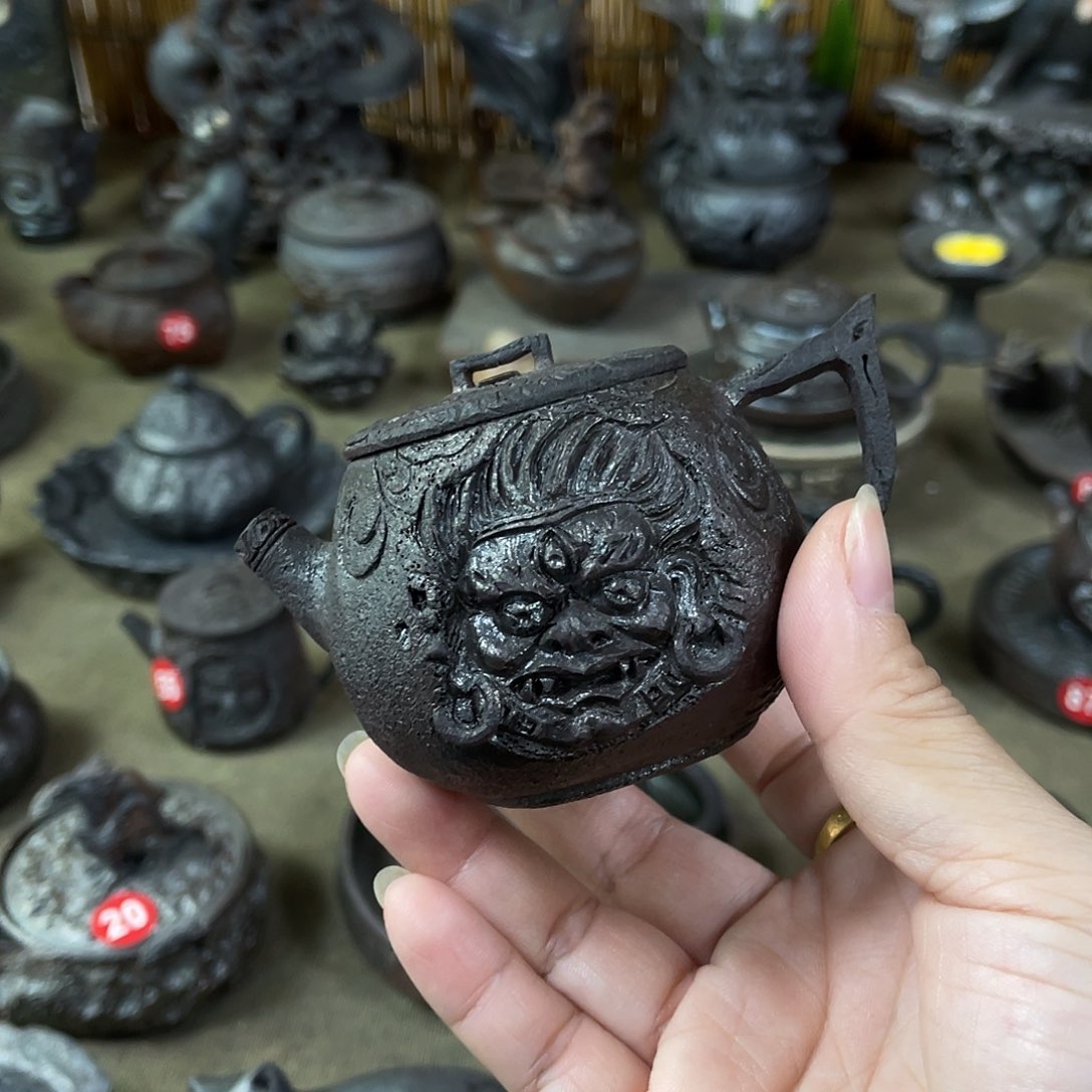 黑天壶全手工雕刻柴烧茶器