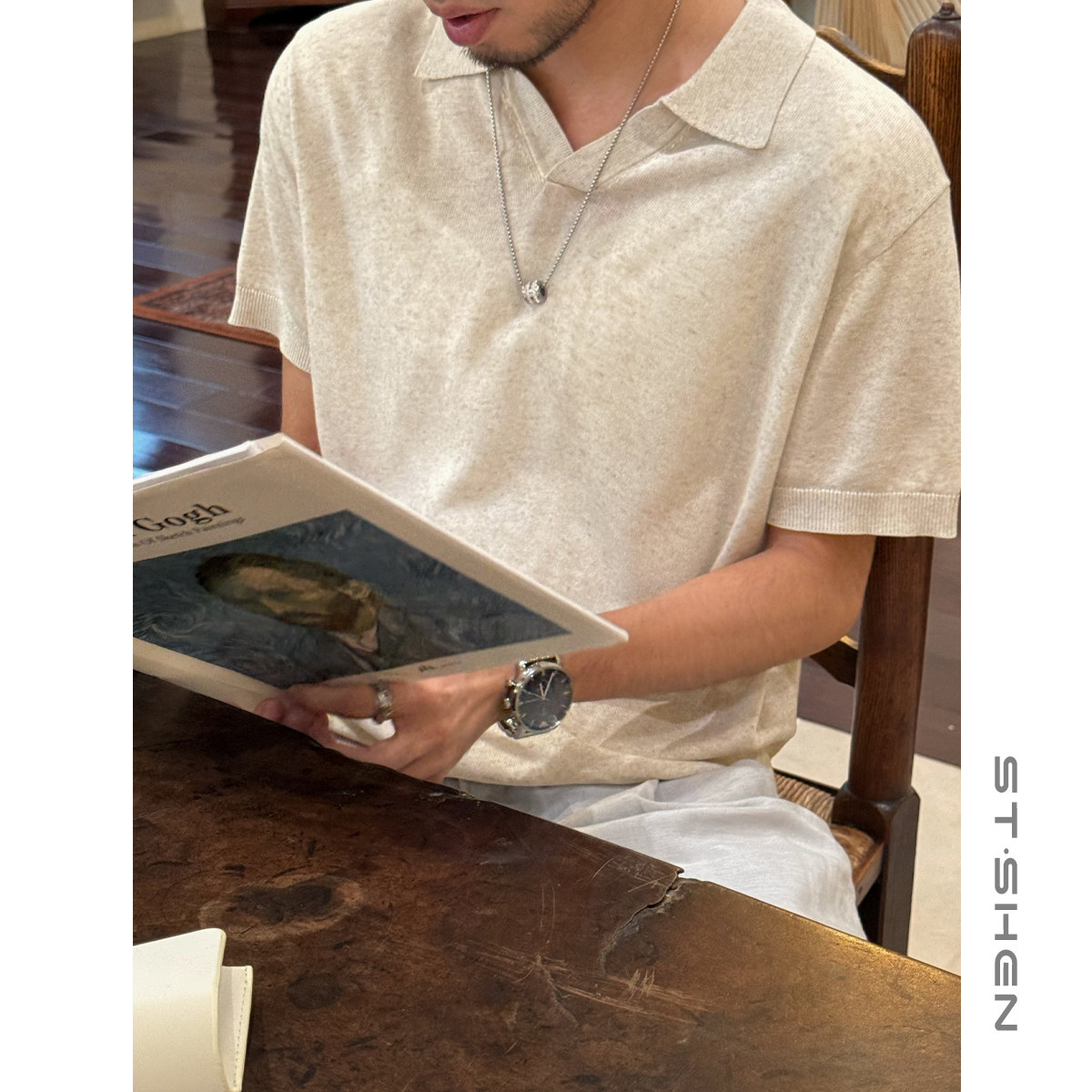 【ST·Shen】夏季复古老钱风天丝亚麻混纺针织短袖 小v领t恤男女2405