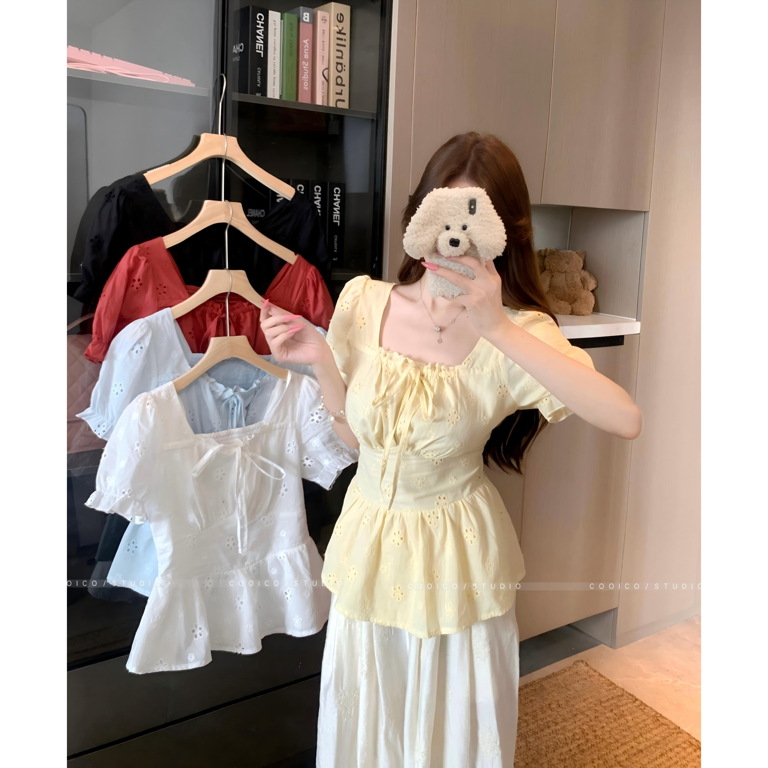 大码法式甜美方领镂空短袖衬衫女夏季新款胖MM温柔风显瘦上衣