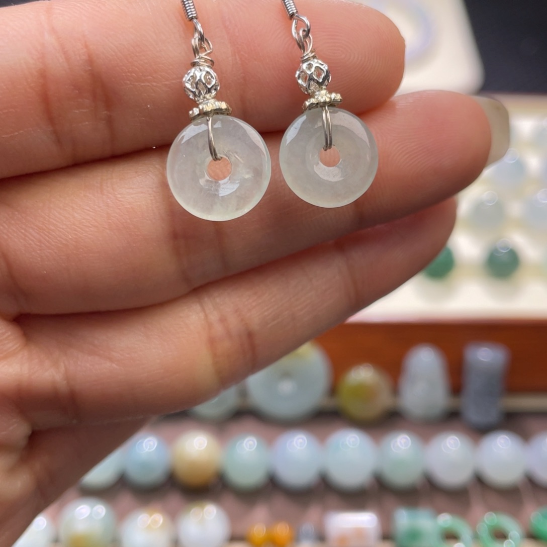 翡翠耳饰银S925镶嵌福利 平安扣环 银