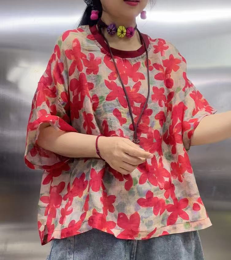 领撞色百搭数码印花苎麻上衣0110881-2