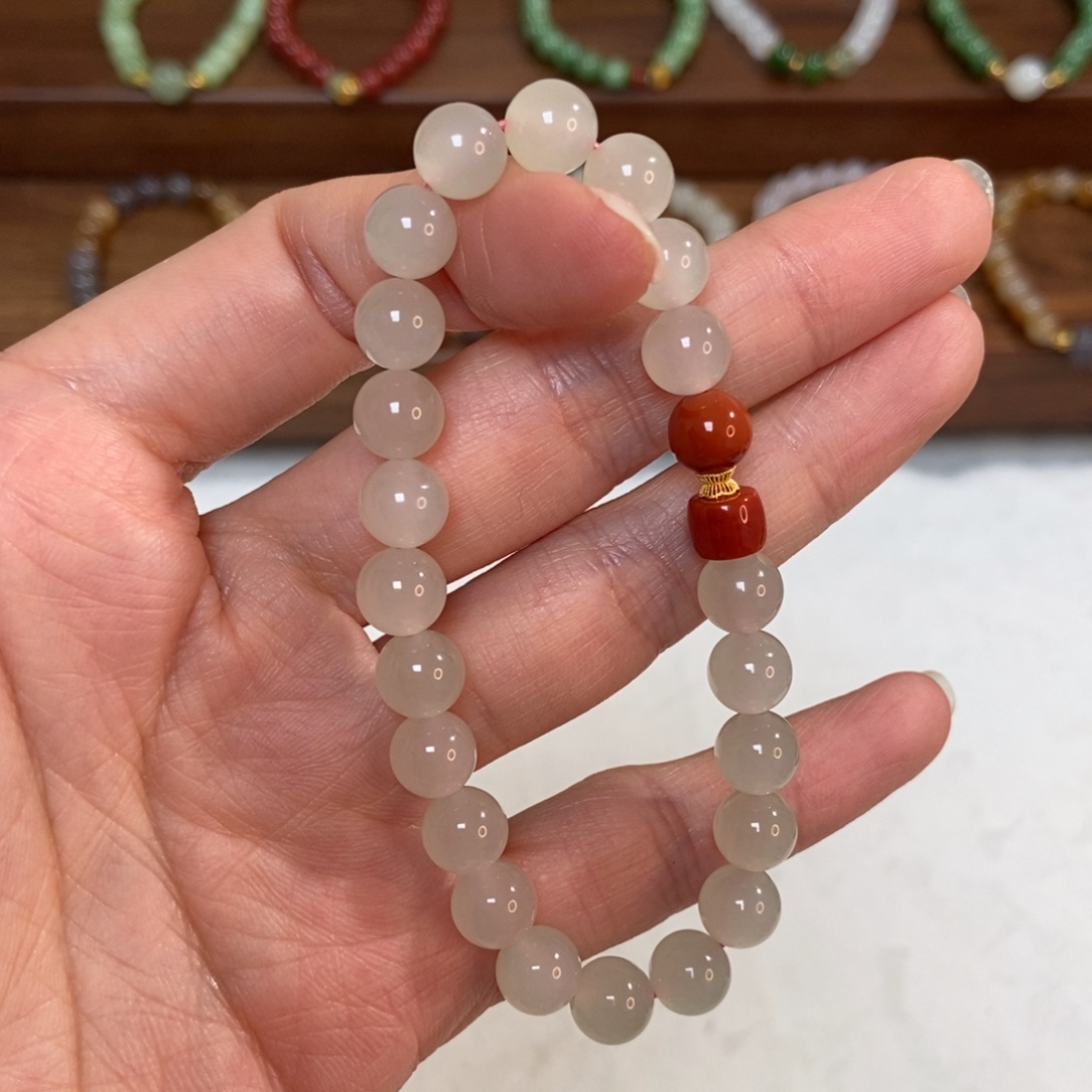 和田玉18K金镶嵌手链8mm冰藕粉脏脏粉