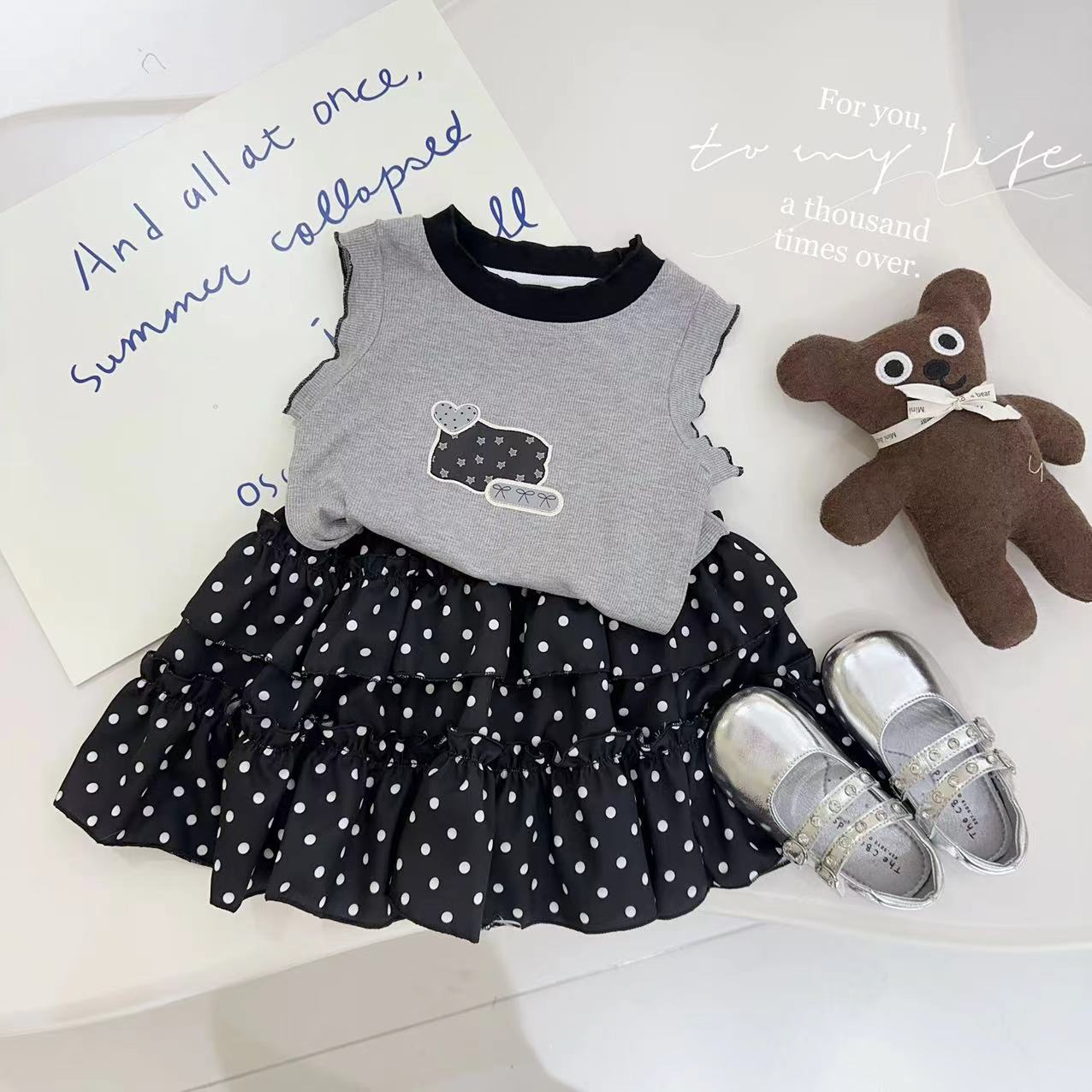 汤圆家童装2025夏季韩系甜美拼色木耳边+波点半身裙套装 YA-1904