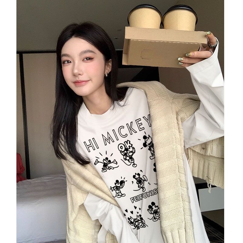 米奇秋冬加厚圆领打底衫潮牌百搭T恤洋气女装ins港风出游服情侣装