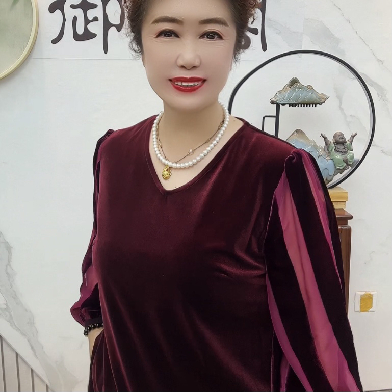 车厘子色/夜空黑条袖丝绒烧花太太衫时尚精品百搭中老年妈妈装