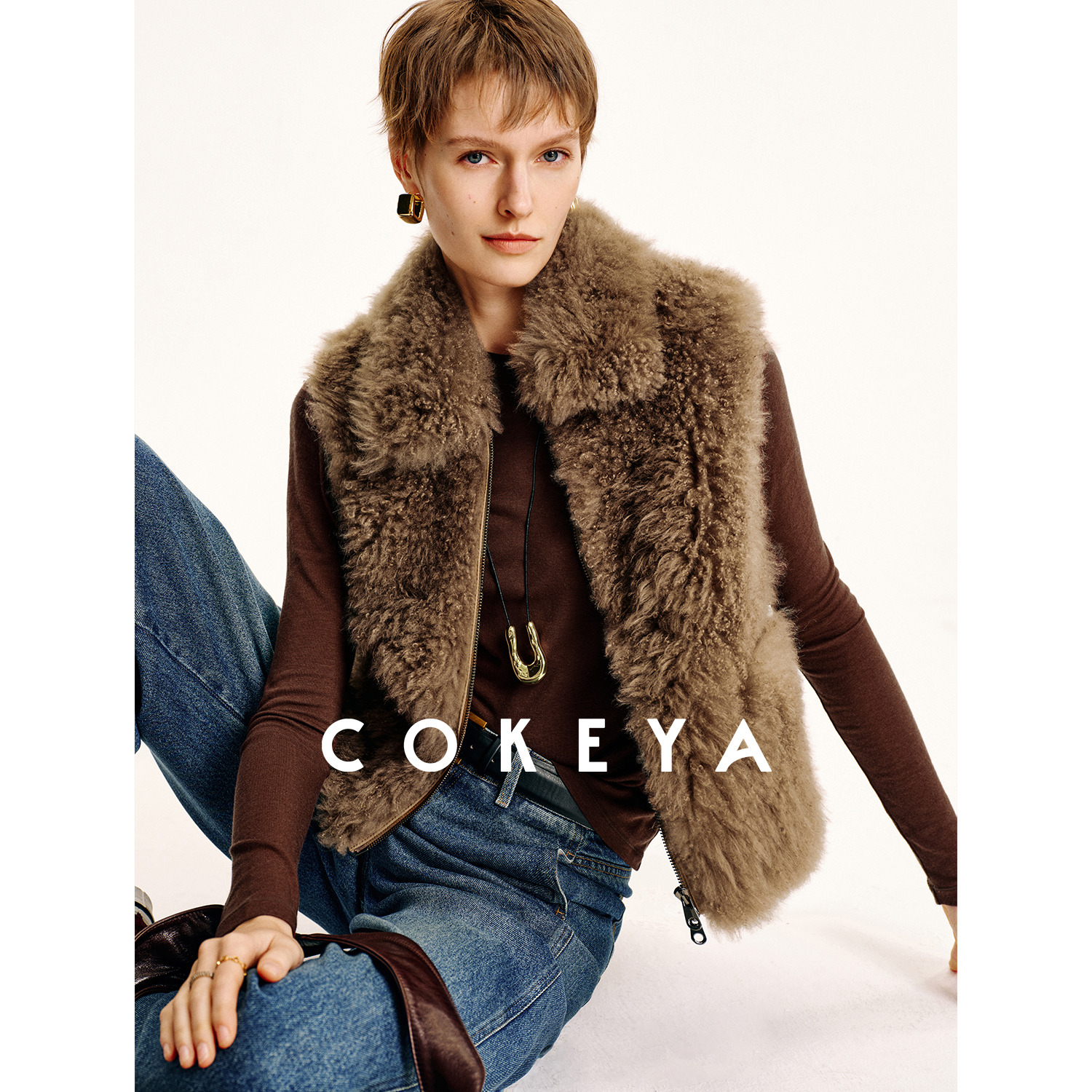 COKEYA/丝绒“热可可”~山羊绒皮毛一体翻领无袖皮草马甲外套女冬