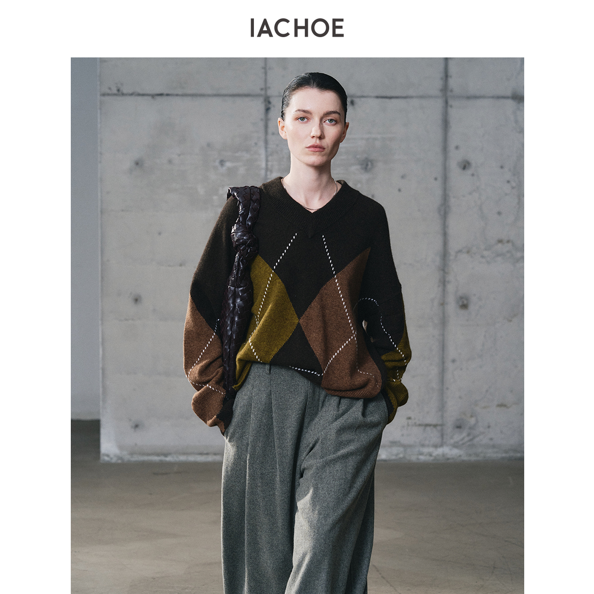 IACHOE菱形格v领含牦牛绒毛衣3661505010