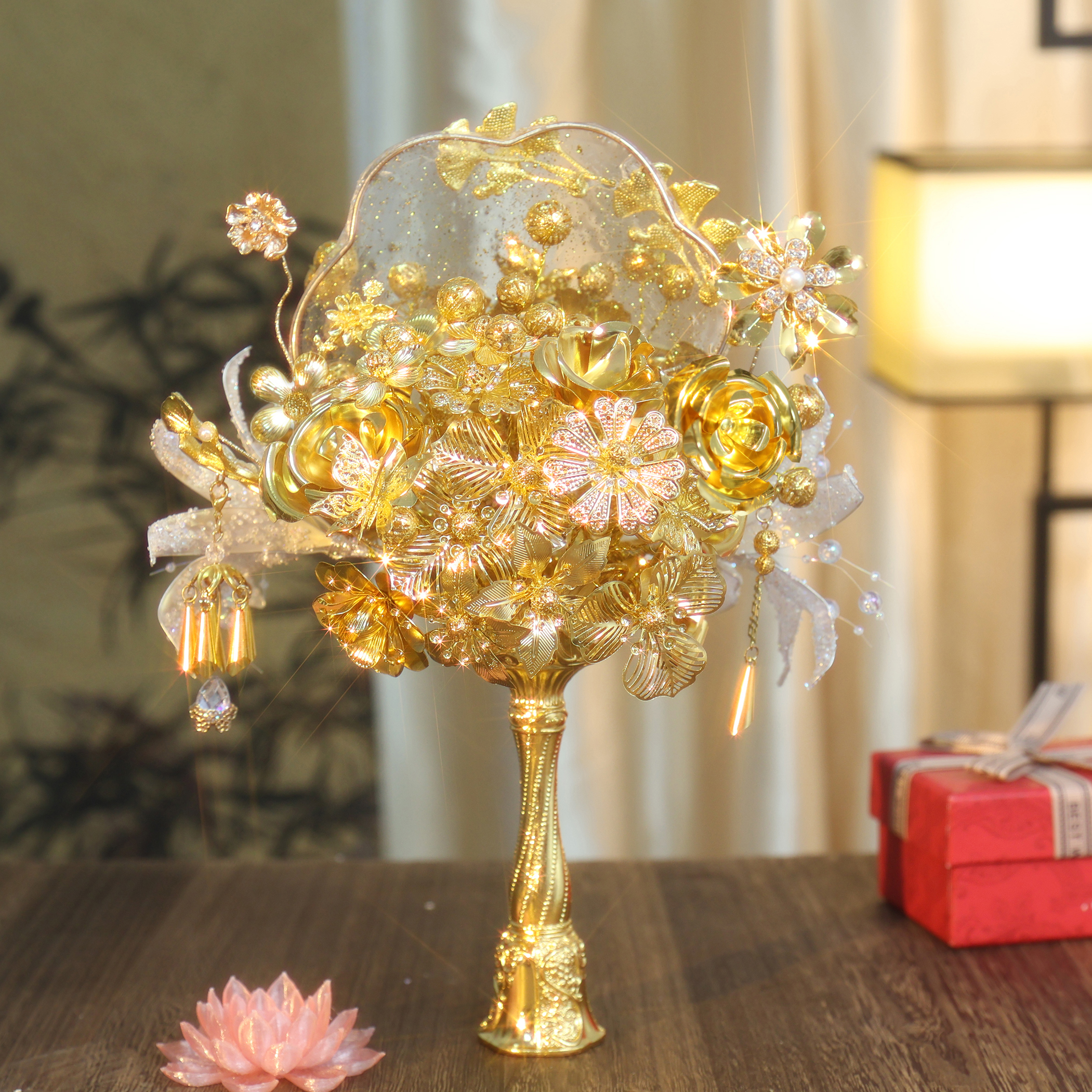 金色手捧花新娘结婚手工水扇中式婚礼送闺蜜新婚礼物材料包成品