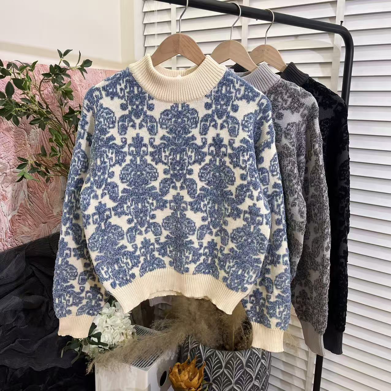 复古文艺风「立体提花」气质保暖毛衣女E6440