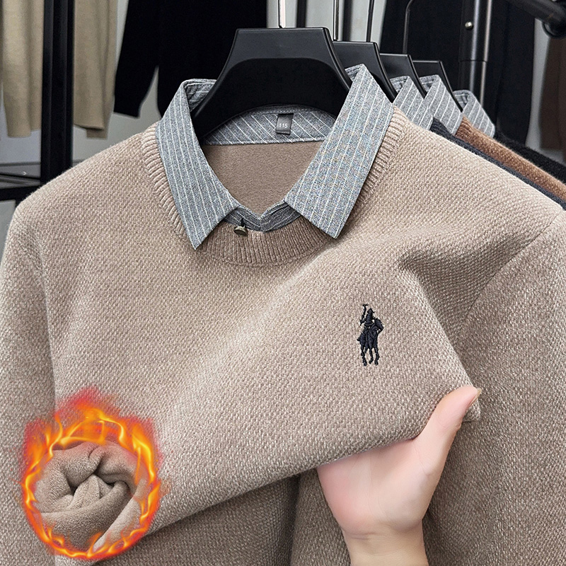 【加绒加厚】男士冬季商务休闲假两件纯色翻领衫衬衫领保暖上衣