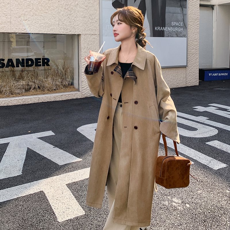61-70纯色韩版气质拼接Chic风长款纽扣春秋格纹外套风衣