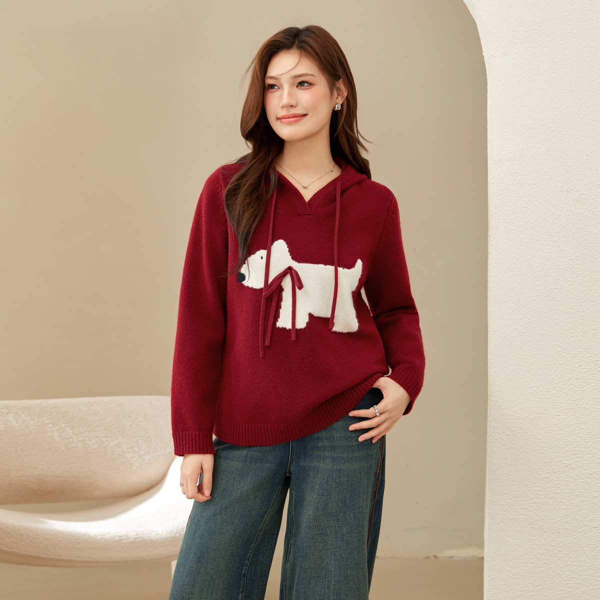 【格雷系设计感慵懒小狗连帽毛衣】纤莉秀大码女装显瘦上衣QK0626