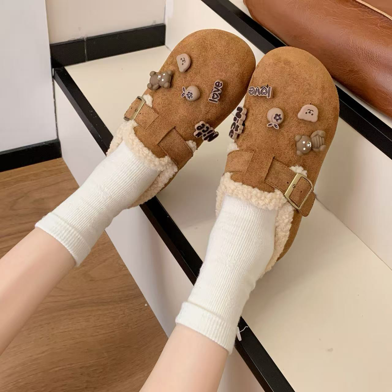 大趾王真皮勃肯鞋女加绒2025冬季全包可爱一脚蹬单鞋百搭棉鞋K73