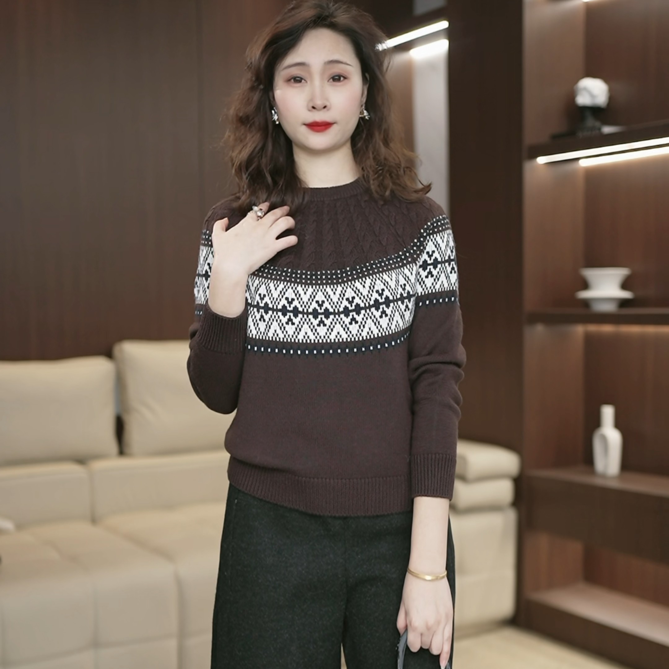 费尔岛复古高级感提花羊毛针织衫女秋冬轻奢气质打底毛衣3859