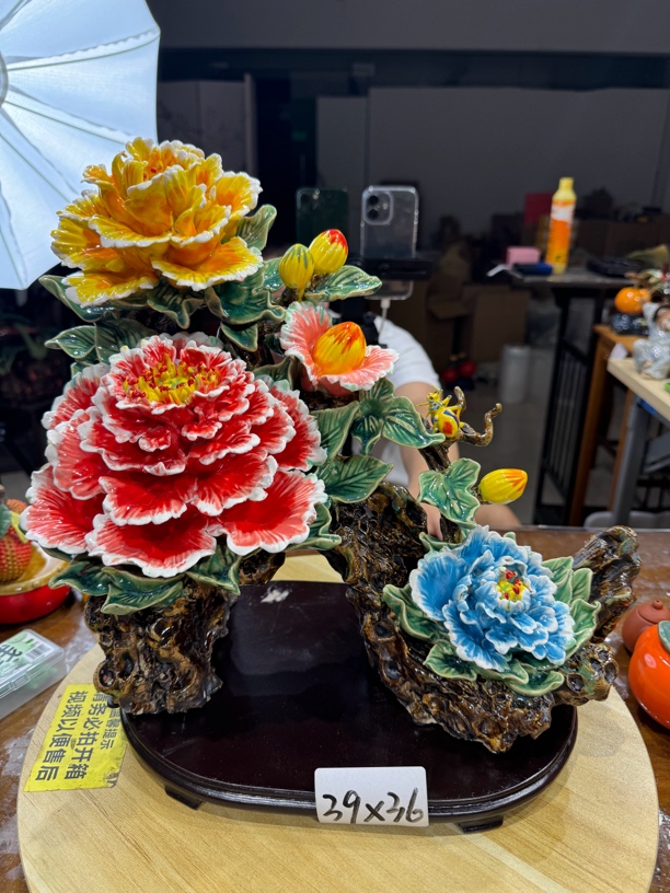 石湾陶瓷牡丹花客厅摆件陶瓷摆件装饰品大气新中式创意摆设工艺品