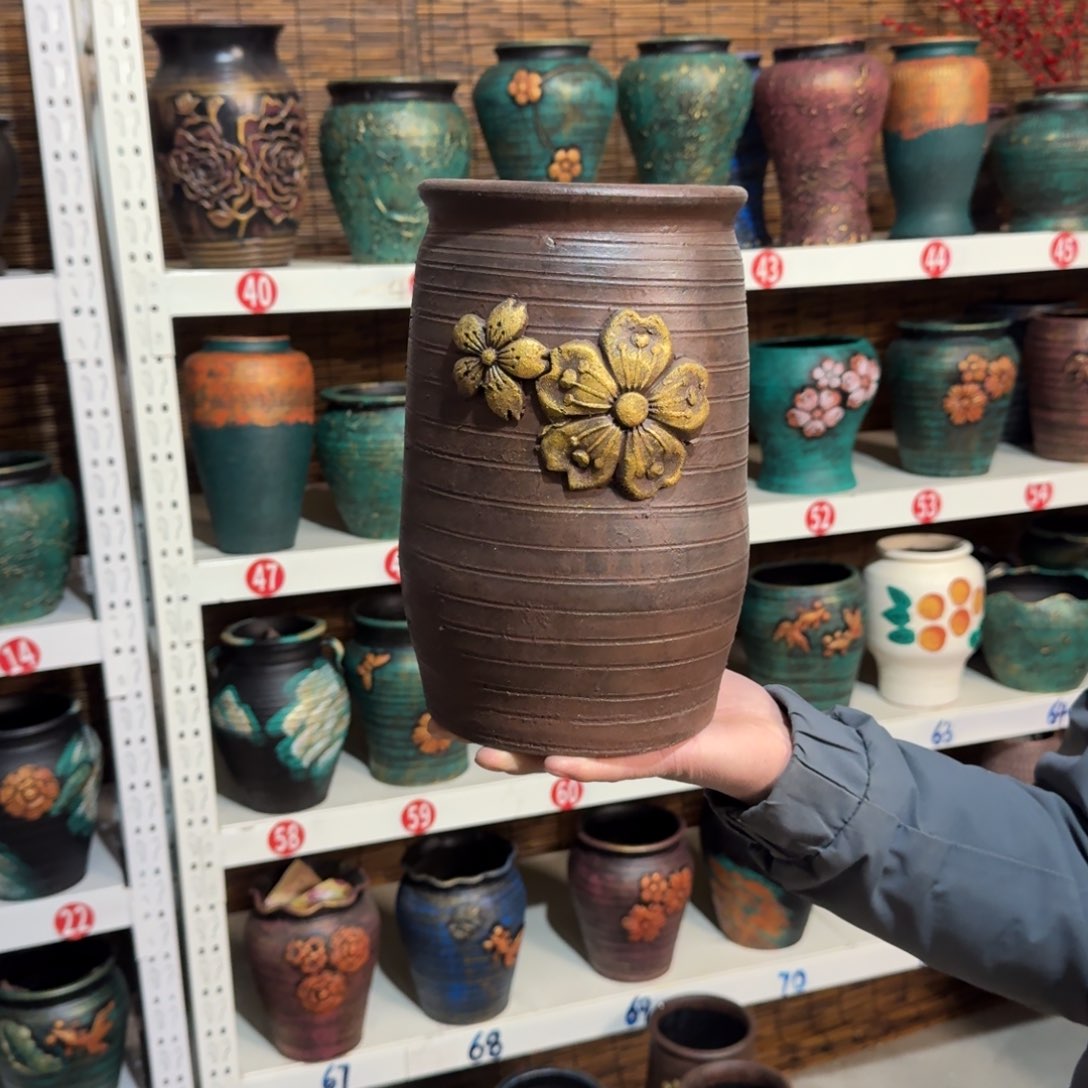 红陶红陶浮雕花盆炸炸炸