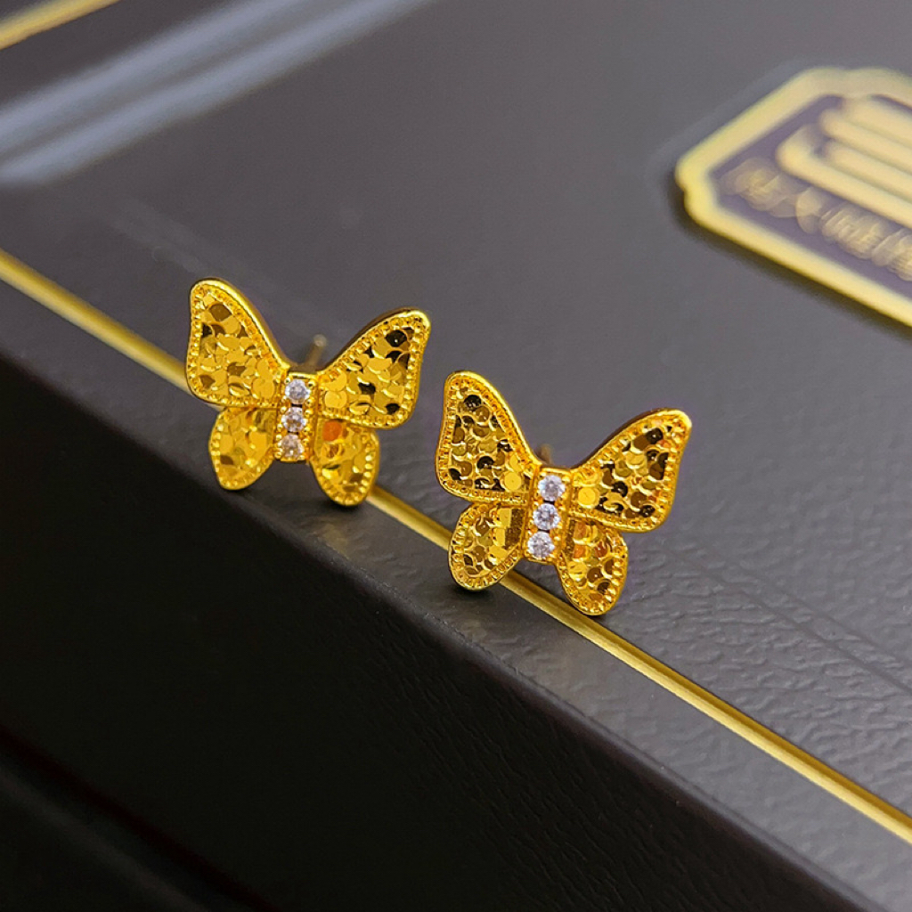 铜合金耳饰 龙鳞碎冰冰蝴蝶耳钉小福蝶耳环轻奢高级感金色耳环女