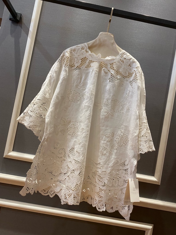 欧都梦·春夏新品 重工花边水溶蕾丝镂空亚麻上衣 492