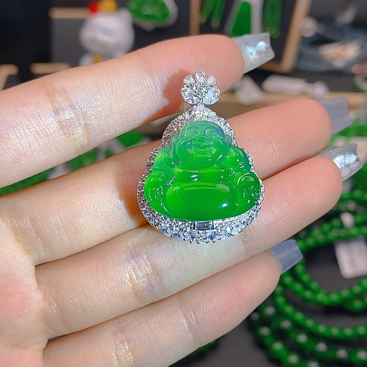 翡翠银S925镶嵌项链佛公吊坠