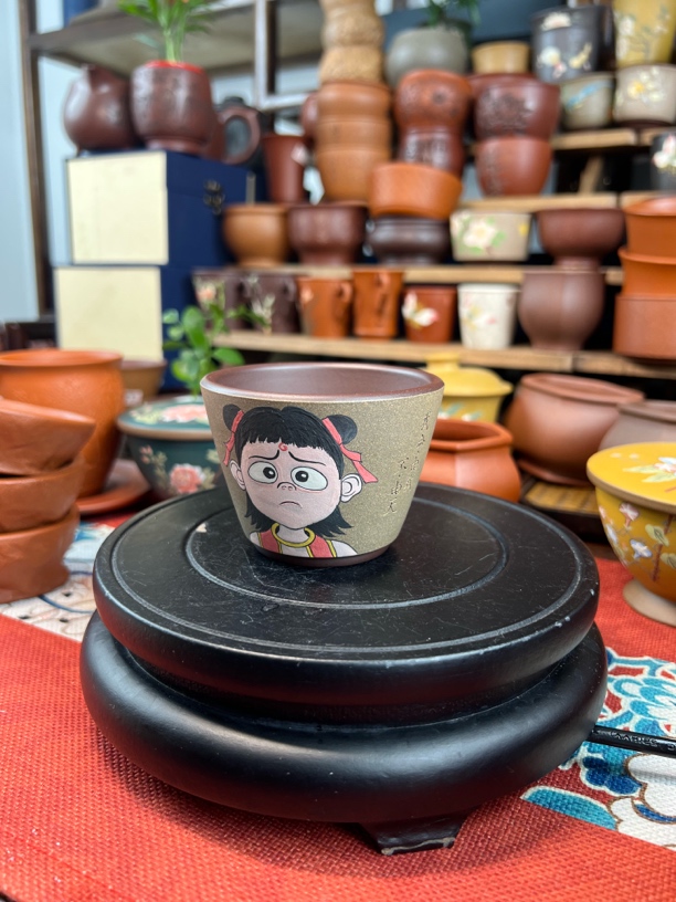 宜兴原矿茶杯手绘堆绘紫砂品茗全手工主人粉浆功夫泥绘紫泥紫砂壶