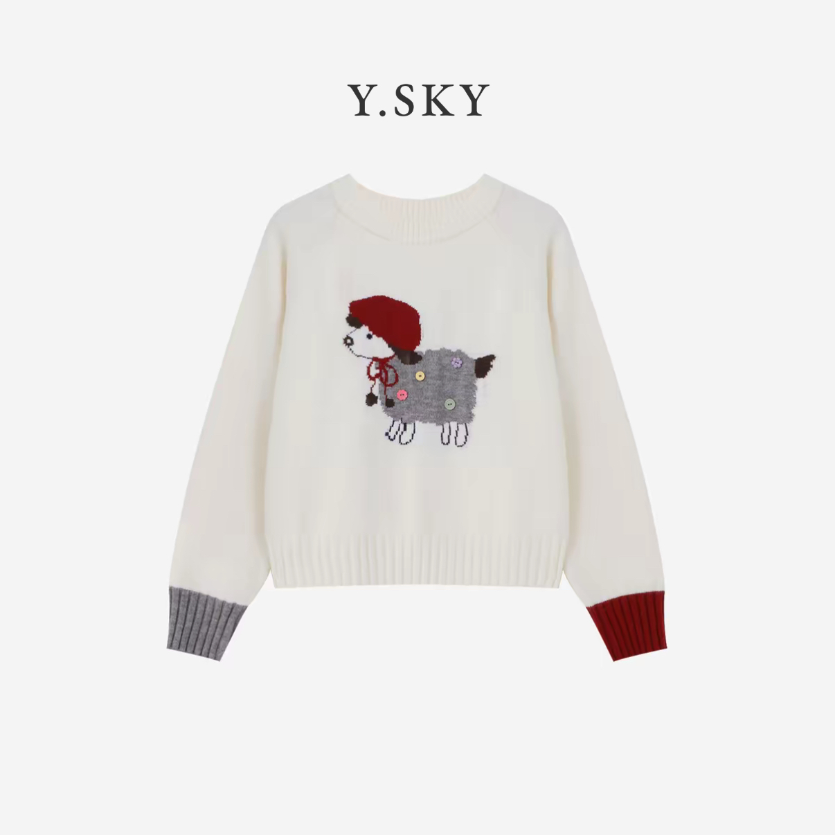 时尚慵懒松弛感戴蓝帽小羊提花毛衣针织秋冬套头上衣