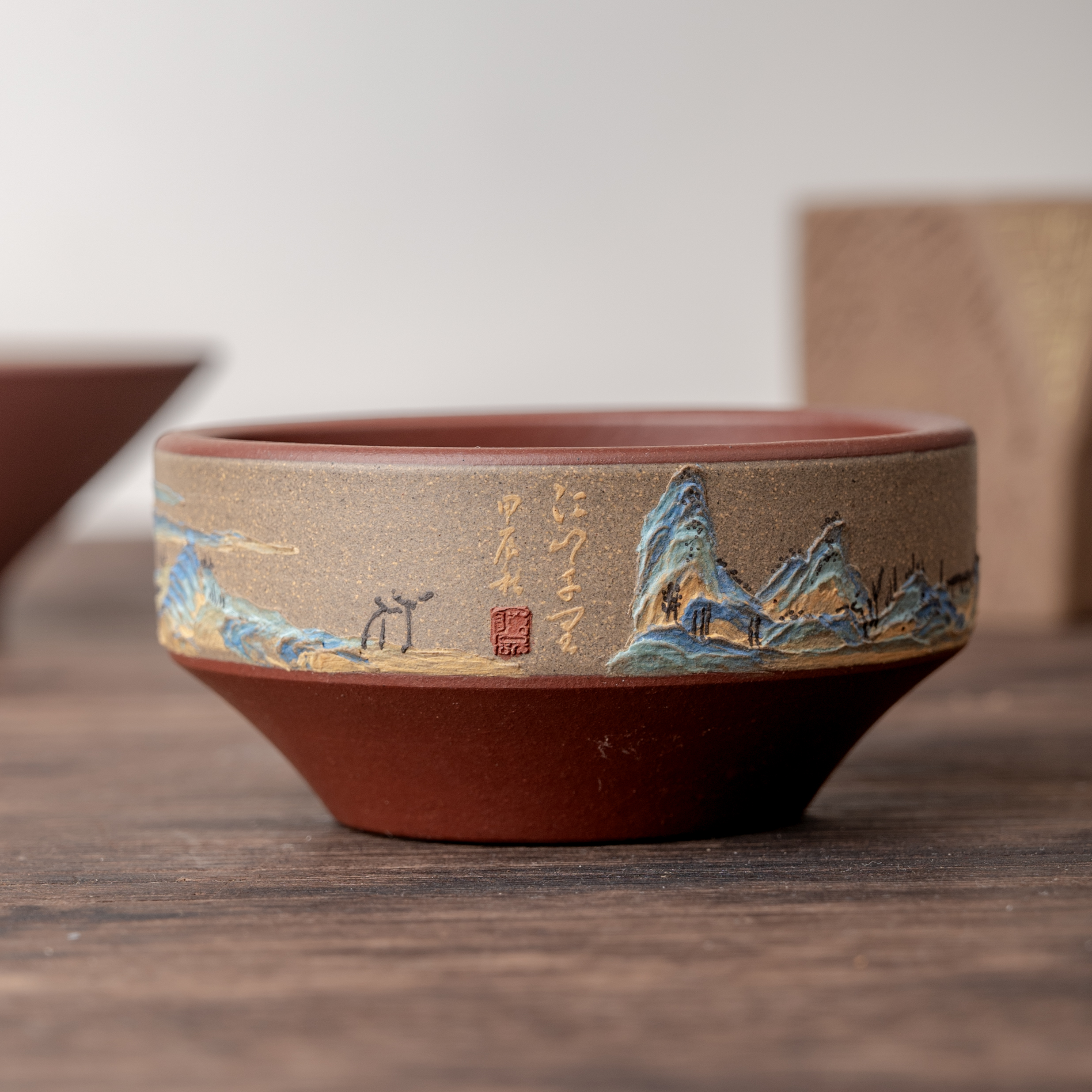 木隐砂堂 主人杯 90cc 千里江山图 泥绘 紫砂杯 底槽青 茶器