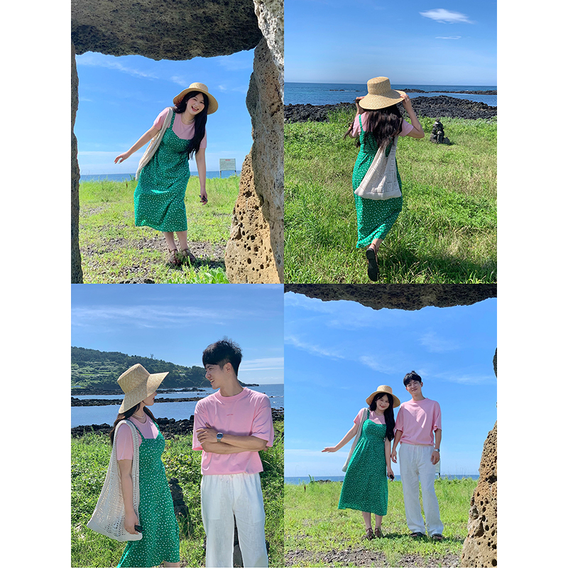 KMZY/KMZY山_山【曼谷甜心】微胖MM法式绿色碎花假两件吊带连衣裙女