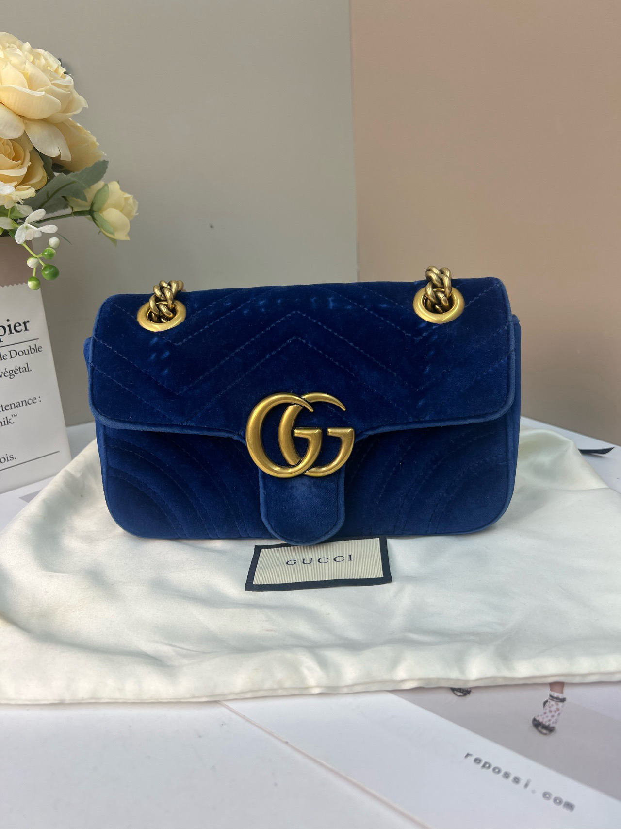 95新 GUCCI/古驰 丝绒马蒙22链条包