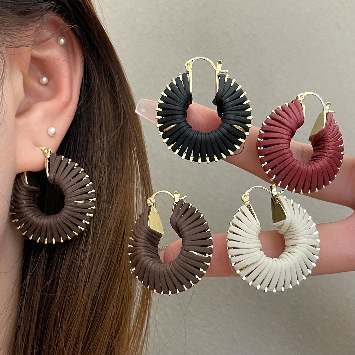 非金属皮质耳饰 925银针3.5㎝皮质耳扣多色耳圈