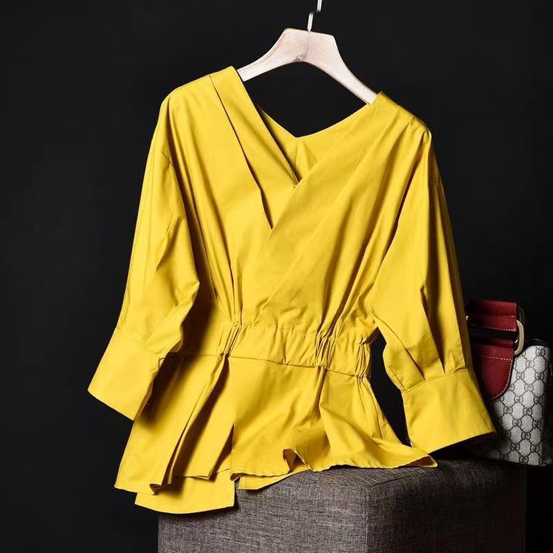 004显瘦气质小众长袖衬衫秋季新款设计感V领松紧腰衬衣潮图片不符