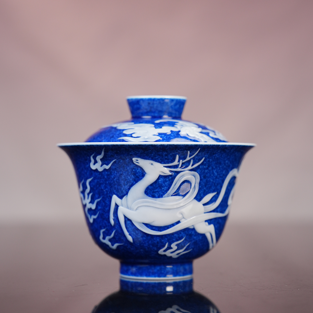 初蓝舍洒蓝堆白九色鹿盖碗130ml 景德镇手绘高档茶碗 高温颜色釉