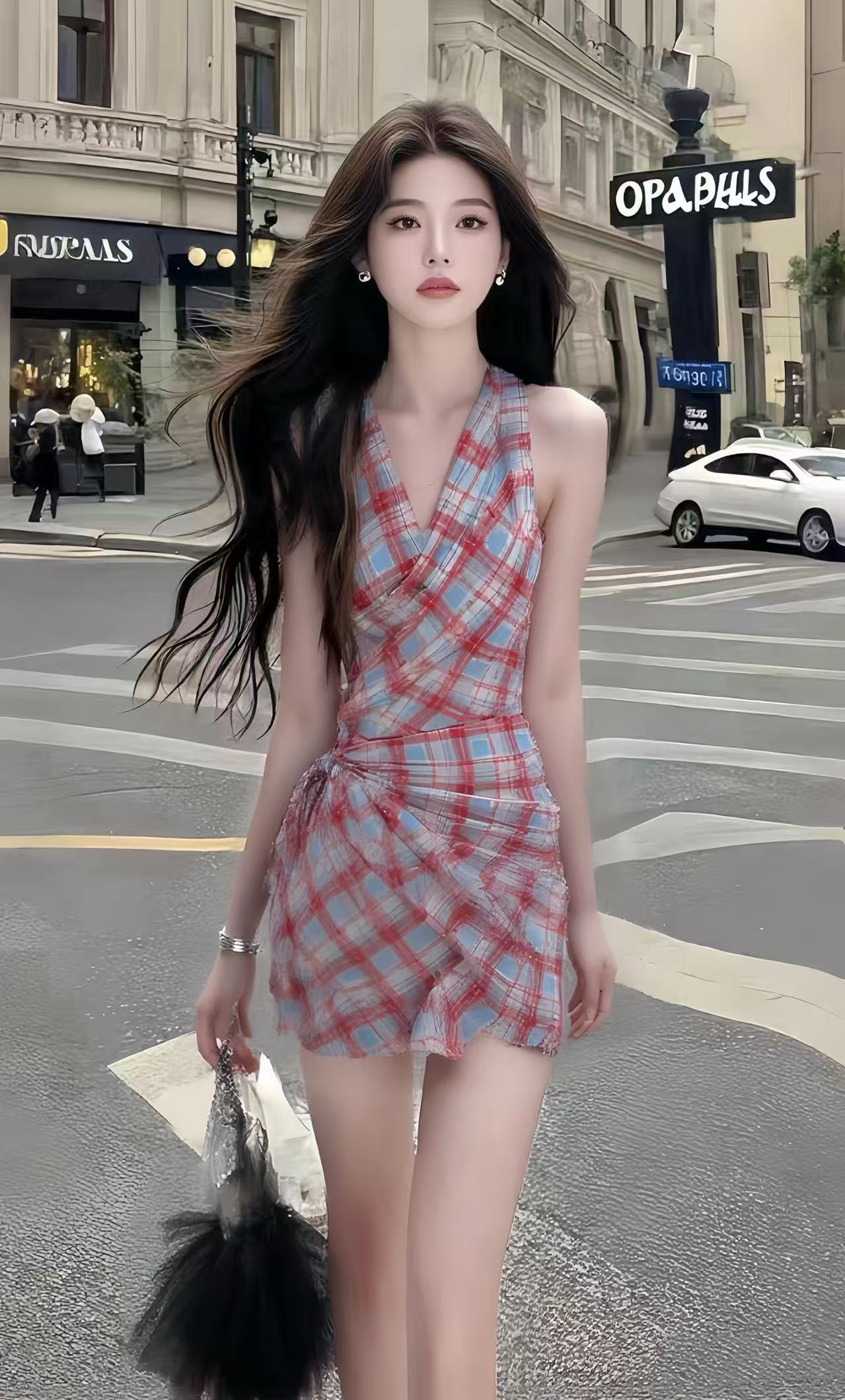 格子V领气质辣妹短款连衣裙小众设计感新款收腰显瘦秋冬个性