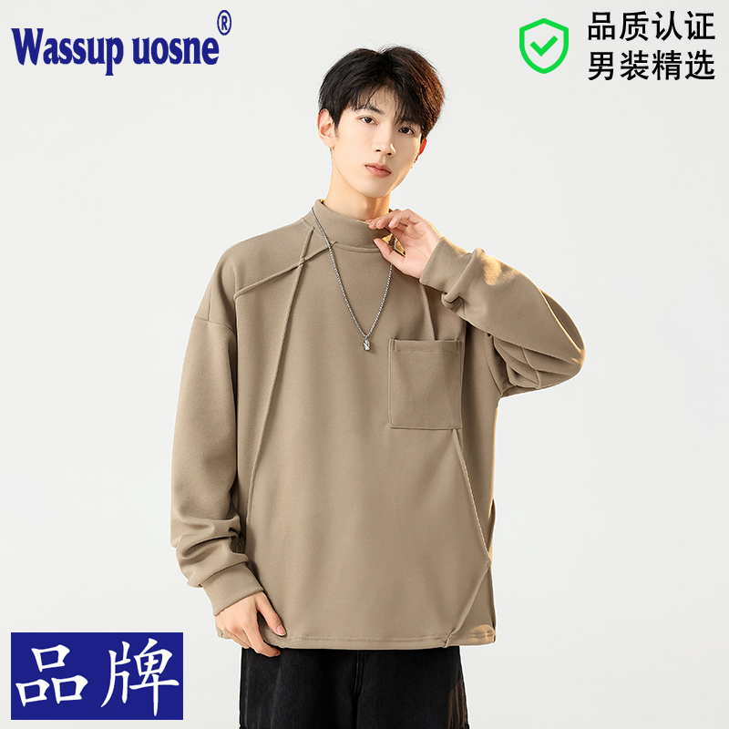 WASSUP品牌秋季宽松男士卫衣青少年德绒纯色小众设计百搭套头上衣
