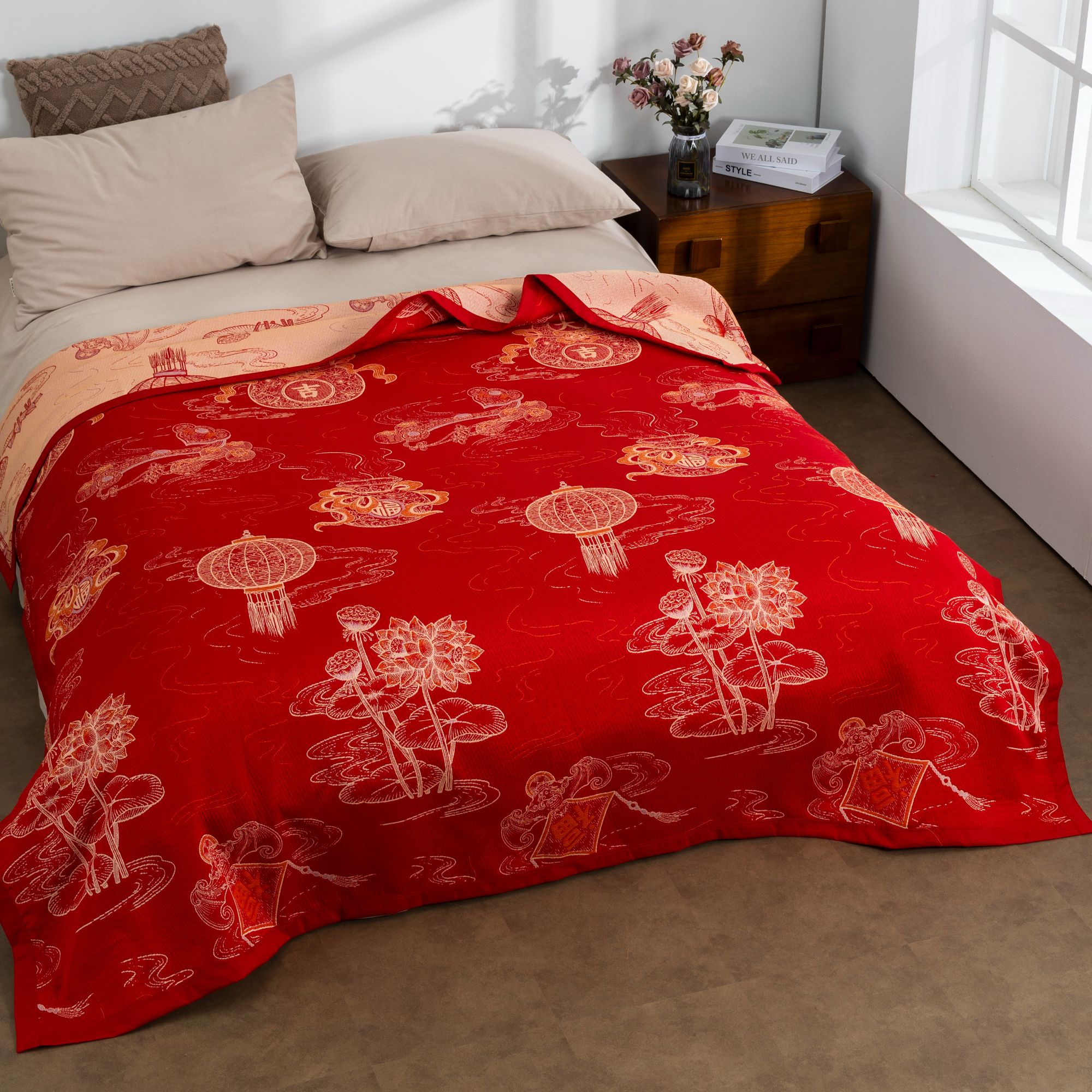 【莲灯纳福】轻奢汉麻纱布棉麻盖毯四季床盖{200cm*230cm}