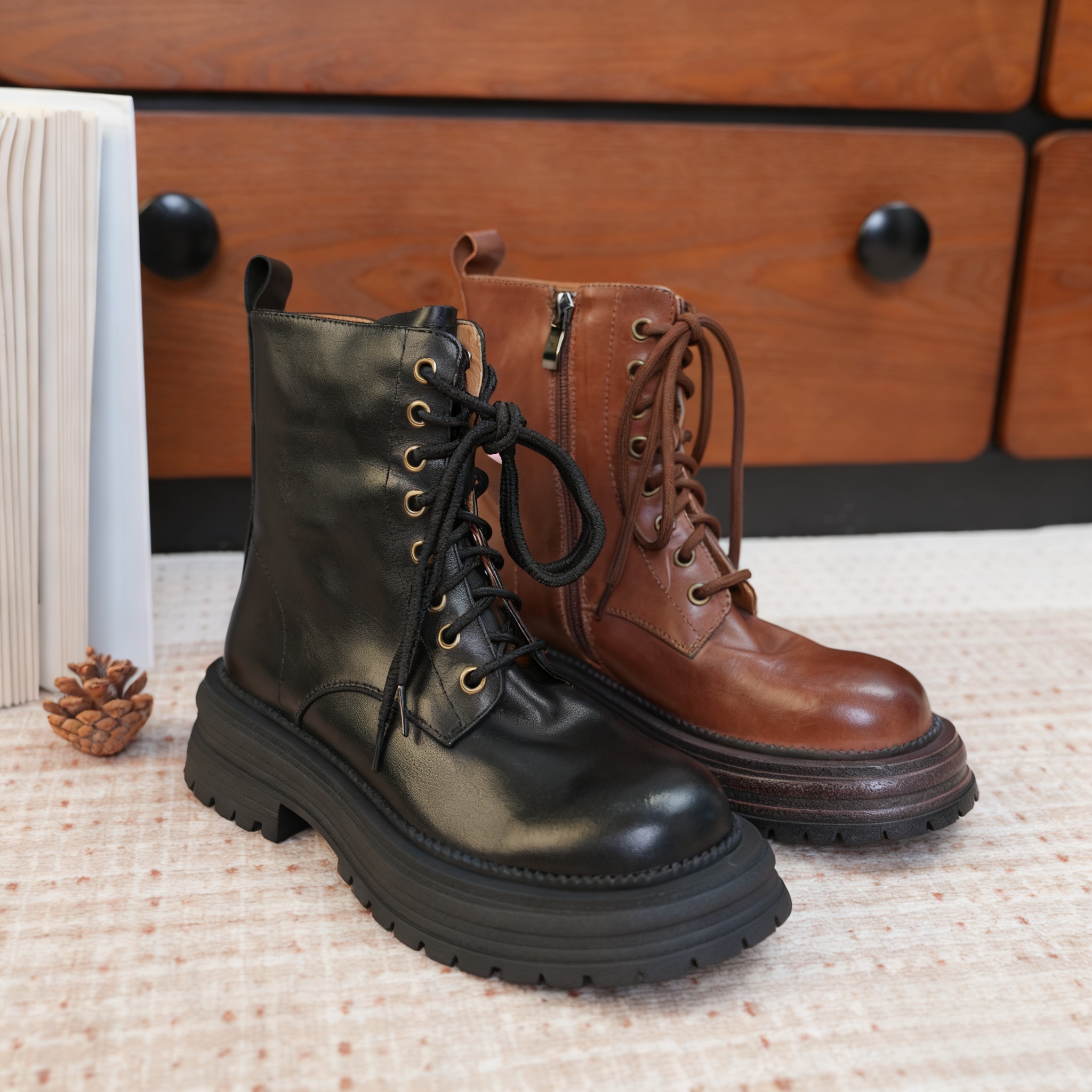 跟高4.5CM/筒高15CM，水洗牛皮复古马丁靴 