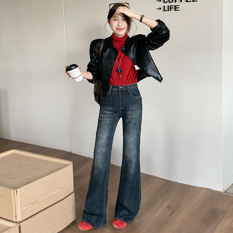 2025春秋新款 复古高腰修身微弹显高显瘦时尚百搭韩版牛仔裤女
