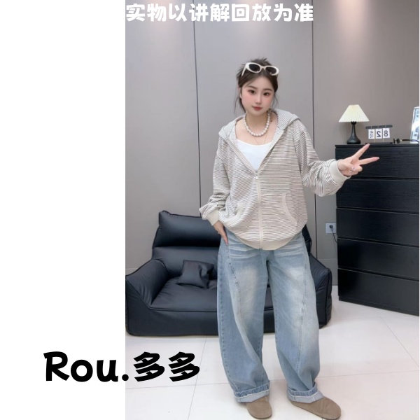 「Rou.多多」初秋原创美式高街裁剪水洗弯刀牛仔裤女拖地垂深蓝显瘦