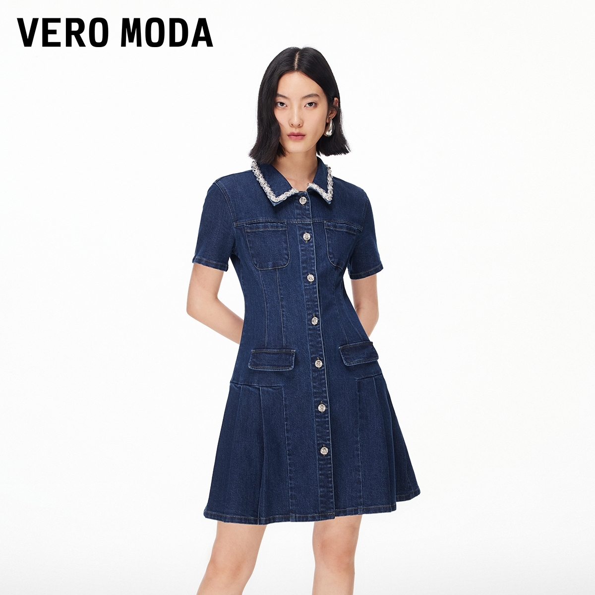 Vero Moda连衣裙【玛德琳】含棉撞色口袋牛仔裙时髦326142003
