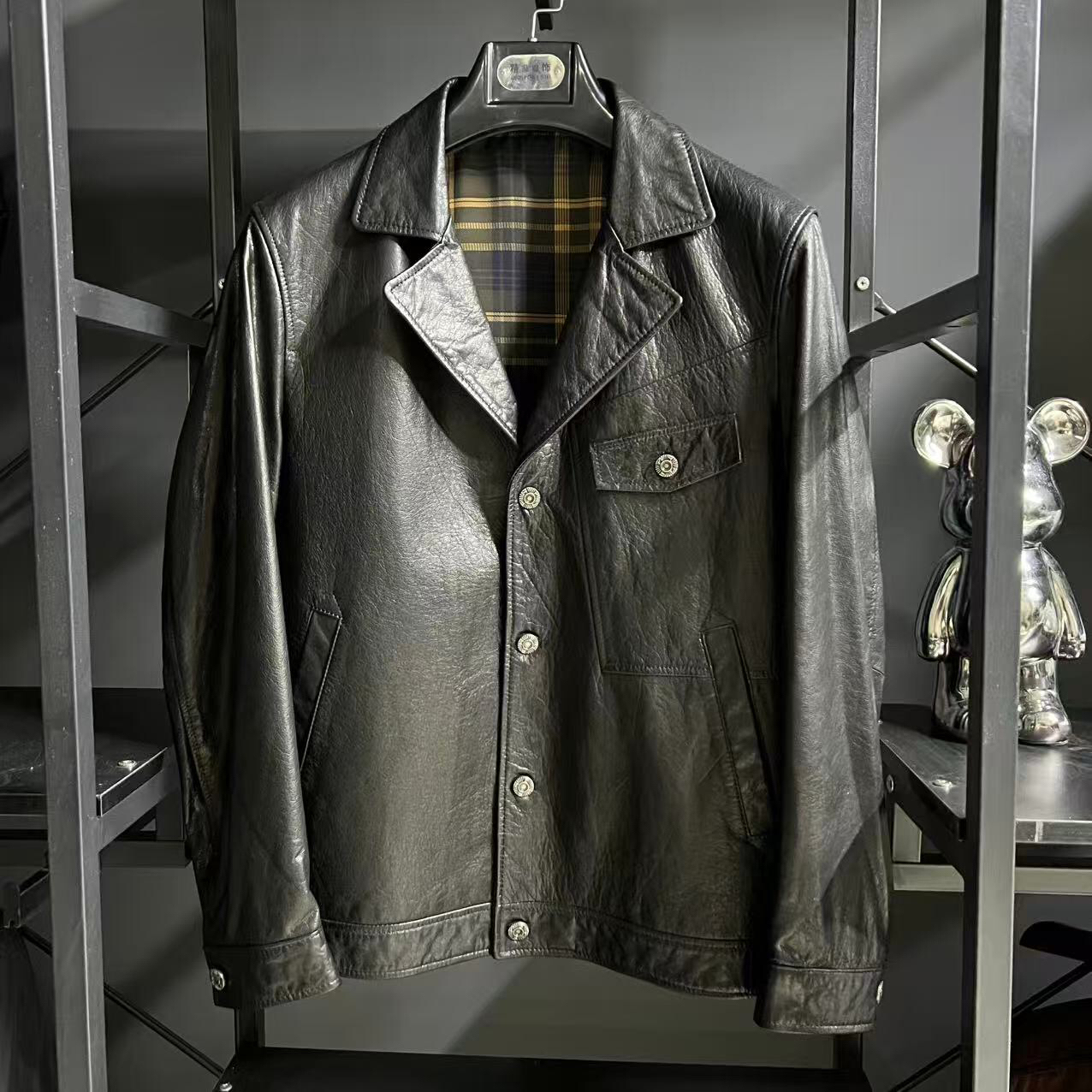 2412男短款蜡染男款头层牛皮休闲皮衣经典时尚黑色真皮百搭