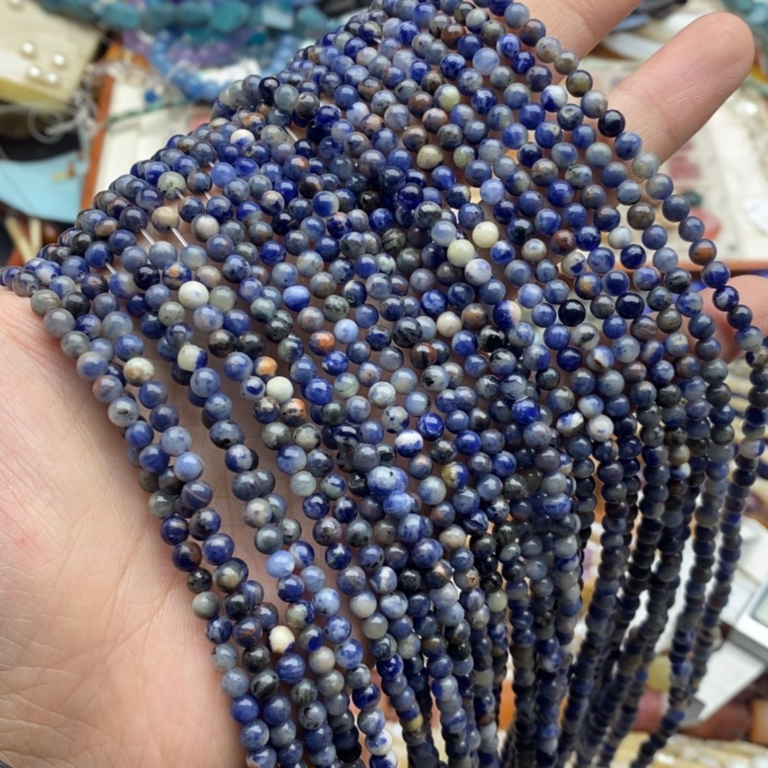 玛瑙/玉髓未镶嵌珠宝半成品两条天然4mm蓝纹石圆珠