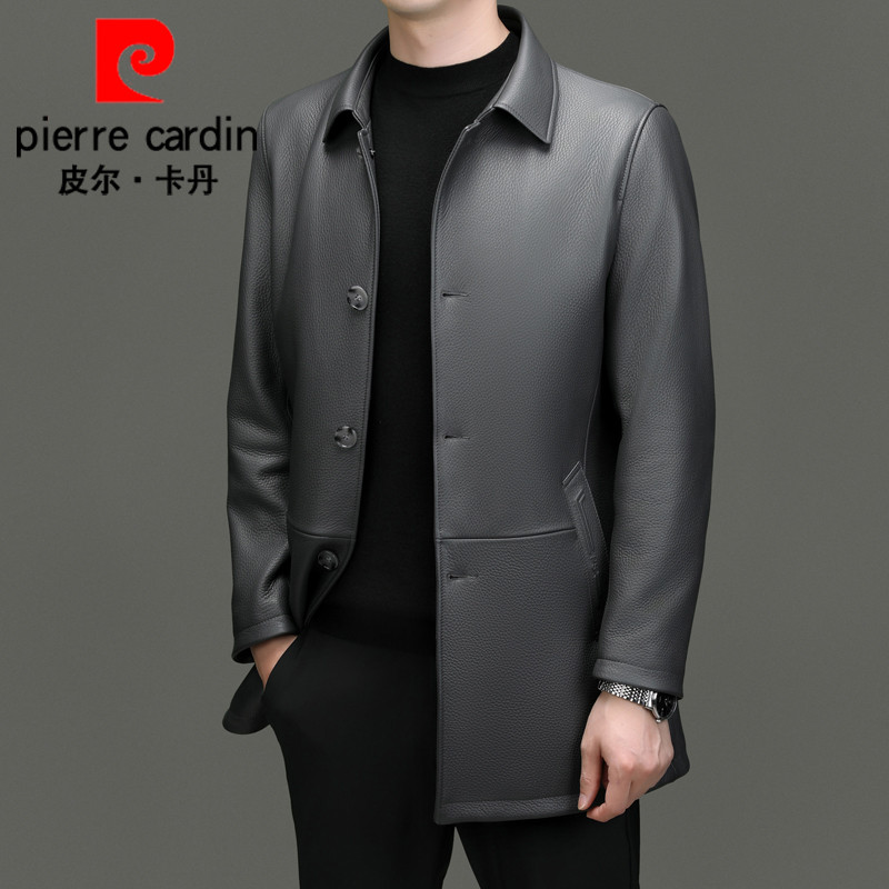 皮尔卡丹正品真皮皮衣男中长版风衣头层鹿皮皮夹克中年商务外套秋