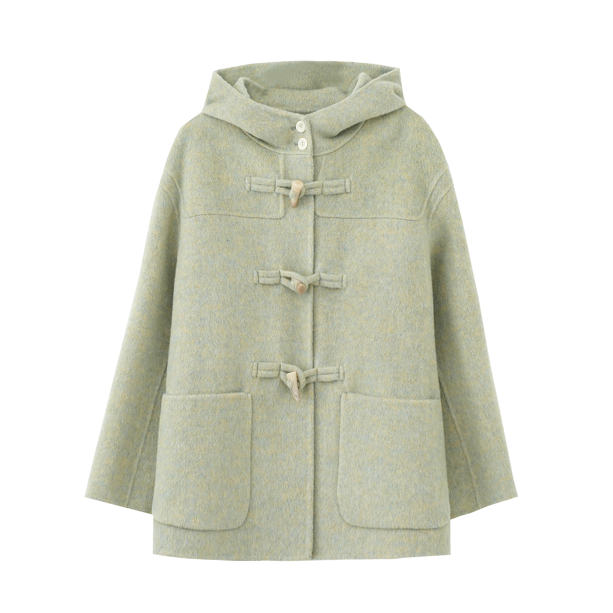 【万道喜】2025秋冬季双面羊毛大衣毛呢加厚短款牛角扣连帽外套-202