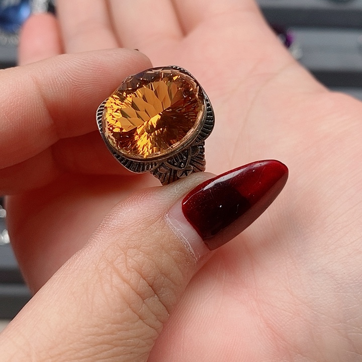 黄晶戒指银S925镶嵌小*