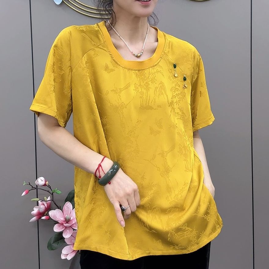 三姐家2025春款新中式提花圆领国风短袖上衣