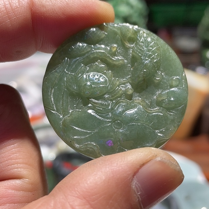 翡翠未镶嵌吊坠(不含链)荷花荷叶鱼